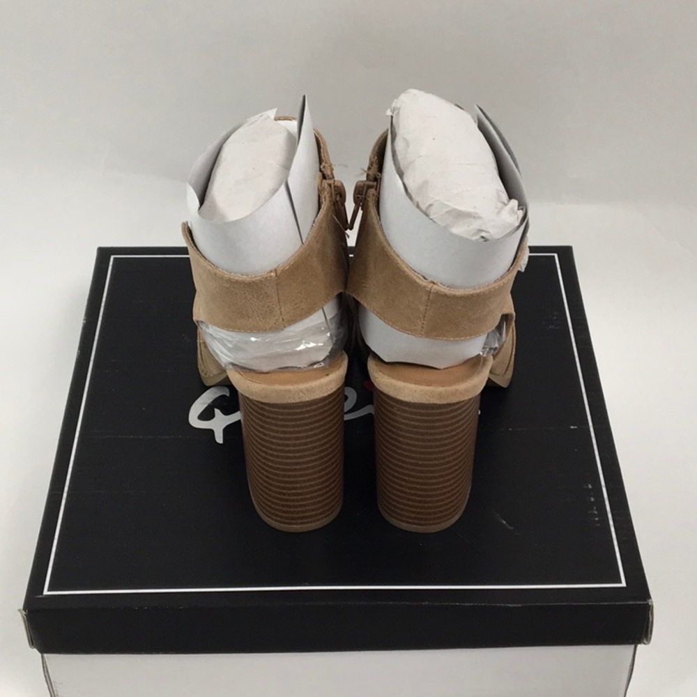 TAN DISTRESS PEEP-TOES BOOTIES - Picture 5 of 8